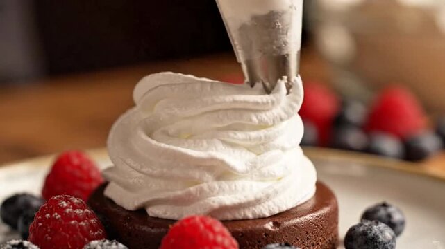 Piping whipped cream onto a rich chocolate dessert garnished with fresh raspberries and blueberries.