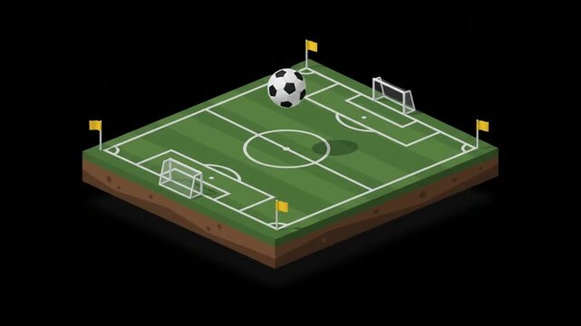 Isometric 3D Soccer Field with Bouncing Ball on Black Background