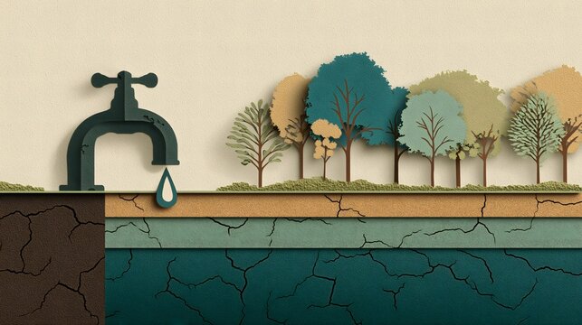 Layered paper cut illustration of a dripping faucet trees and cracked drought stricken soil layers cross section