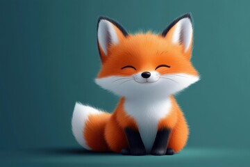 Fototapeta premium Cute cartoon fox character with fluffy orange fur and a happy expression, sitting against a solid teal background