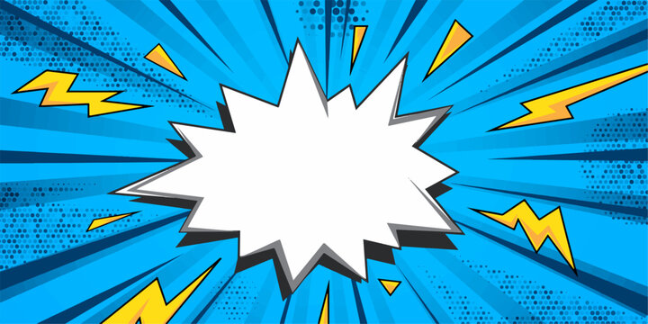 Comic-Speech Bubble Pop Art Blue Background with Dynamic Halftone Burst Lightning Elements Retro Superhero Banner Template for Creative Design