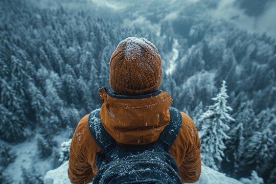 Individual wearing an orange winter jacket and knitted hat stands on a snowy cliff overlooking a dense forest of evergreen trees in a mountainous landscape