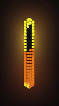 Glowing yellow and orange 3D blocks filling a vertical progress bar against a dark black background in a seamless animation, ideal for technology interfaces and system update concepts.