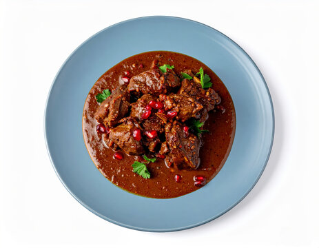 Himachali Mutton Khatta Sour Curry On Baby Blue Plate Isolated On White Background