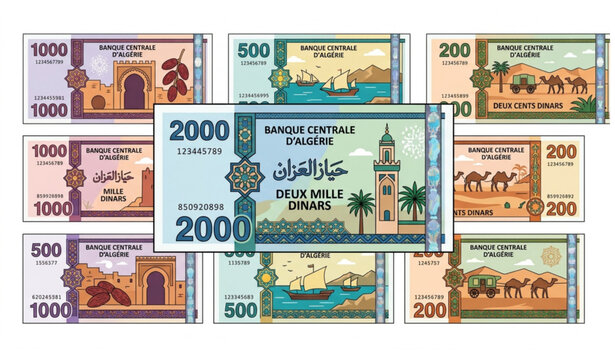 Algerian 2000 Dinar Banknote Vector Set with Minimal Flat Currency Design