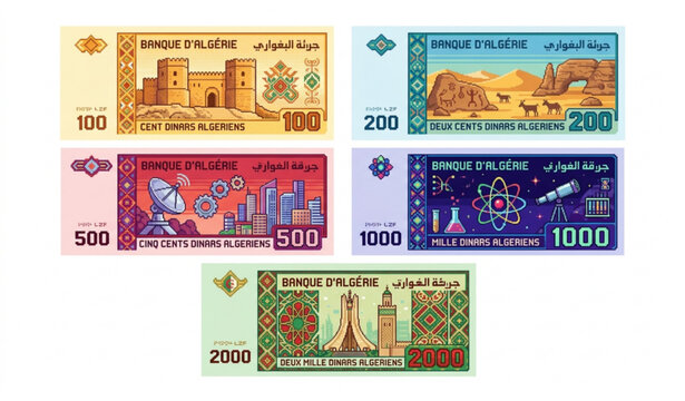 Colorful Pixel Art Algerian Dinar Bills Vector Set for Educational Play Money Design