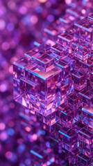 Fototapeta premium Abstract geometric pattern of translucent purple cubes with bokeh background, symbolizing complexity, data structure, and futuristic design