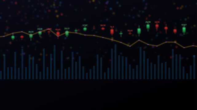 Digital candlestick stock market chart with glowing neon financial data and trading indicators