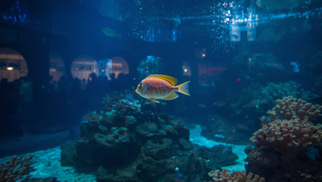 青い水族館の展示水槽を泳ぐ鮮やかな熱帯魚