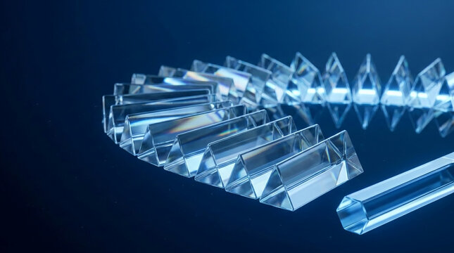Row of clear triangular prisms with reflective surfaces against a dark blue background, symbolizing science, optics, and clarity.