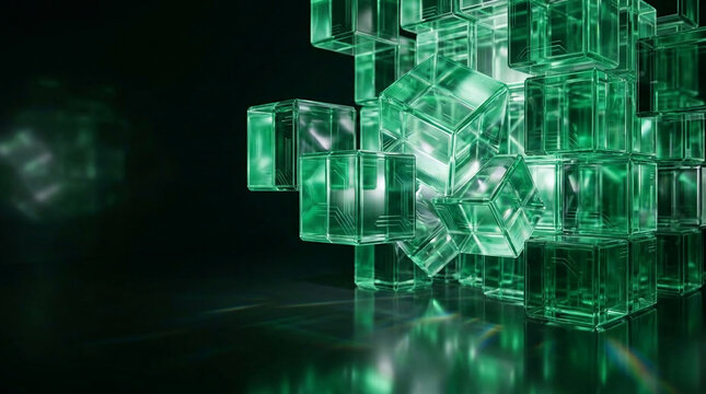 Green translucent cubes form an abstract structure with glowing lines, symbolizing technology, data, and digital networks, perfect for futuristic concepts