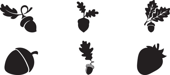 Minimalist acorn silhouette icons, black oak leaf and nut vector set, 6 autumn botanical elements for fall branding and nature logos © Sania