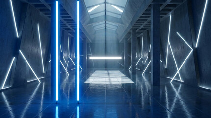 Obraz premium Futuristic concrete interior with blue neon light strips, creating a modern, industrial aesthetic symbolizing innovation and technology