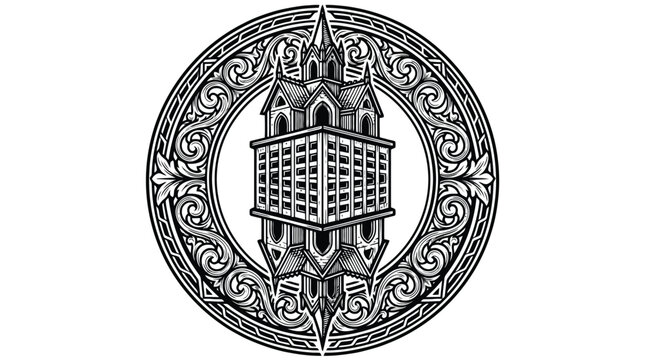 Ornate castle emblem logo vector illustration vintage circular badge with building tower engraved filigree.