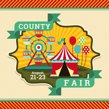 Retro county fair emblem design with carnival tent, ferris wheel, and balloons