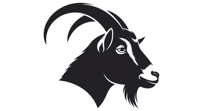 Black Silhouette Of A Mountain Goat Head With Curved Horns On White Background
