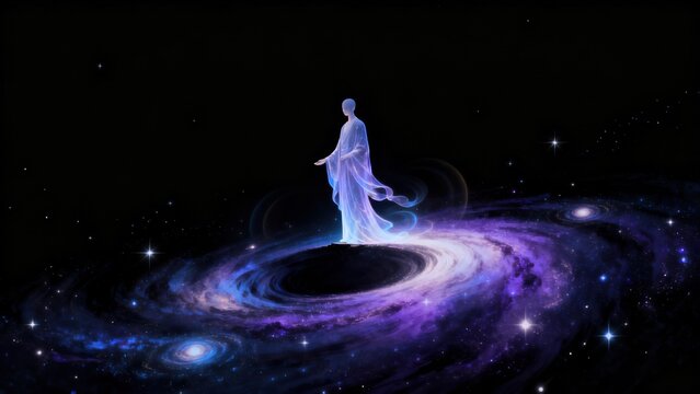 Glowing figure in cosmic galaxy