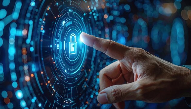 Finger touching digital glowing padlock security interface.