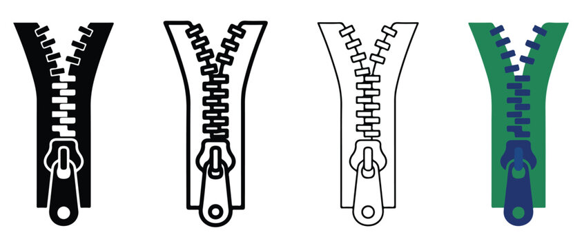 zipper icons in various styles and colors on a white background for graphic design and illustration