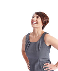Fototapeta premium Laugh, happy and business woman in studio with good news, job promotion or reaction by space. Professional person, positive opportunity or funny with career development, growth and white background