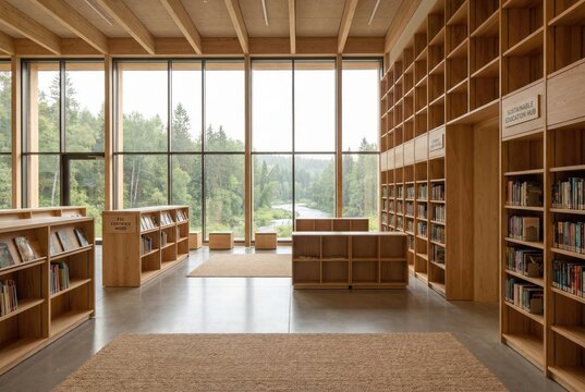 Modern library interior featuring FSC certified wooden bookshelves and nature views