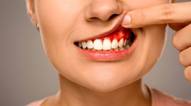 Close-up of a woman's mouth showing bleeding gums and a painful canker sore on the upper gum line, highlighting dental care, oral disease, and gingivitis health issues.
