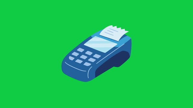 Blue POS Terminal Payment Animation. Isometric blue point of sale terminal animation on green screen background for retail checkout and cashless financial transactions.