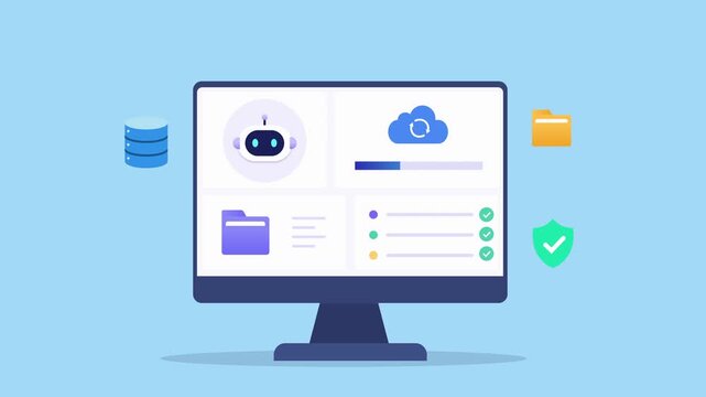 Modern flat vector animation of an AI file management dashboard on a desktop monitor with cloud upload, folder organization, security status, and floating technology icons. Ideal for digital asset man