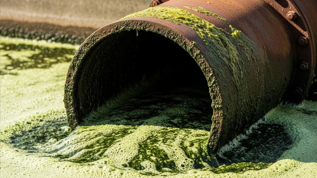 Environmental Pollution - Rusty Industrial Drainage Pipe Discharging Green Algae Contaminated Wastewater Into Polluted Water