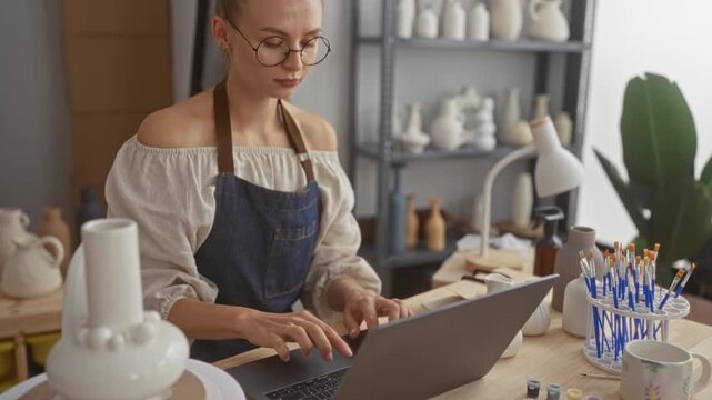 Woman typing on laptop with hands on keyboard in pottery studio, wearing denim apron and round glasses, surrounded by brushes and ceramics; creative focus.
