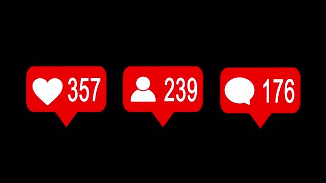 Social media interaction notification counter animation in red: like, follow, and share icons. Instagram overlay for boosting viral network growth, featuring a transparent background 