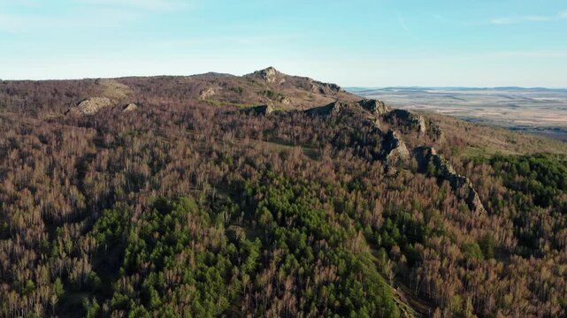 Urals in spring: Irendyk ridge, Ulu-Sykty mountain. Aerial view.