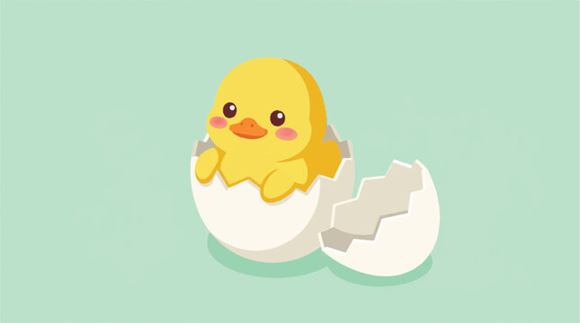 Yellow duckling peeking out of egg in nursery