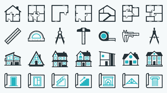 Architectural Blueprint and House Design Line Icon Set