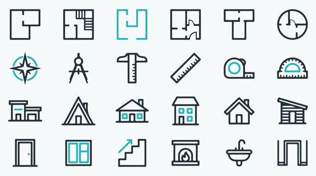 House Design and Architecture Blueprint Line Icon Set