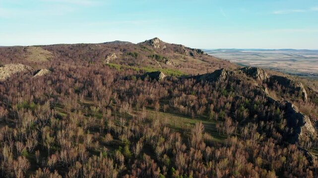 Urals in spring: Irendyk ridge, Ulu-Sykty mountain. Aerial view.