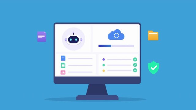 Modern flat vector animation of an AI task management dashboard on a desktop monitor with checklist, cloud upload, status indicators, and floating technology icons. Ideal for productivity and web appl