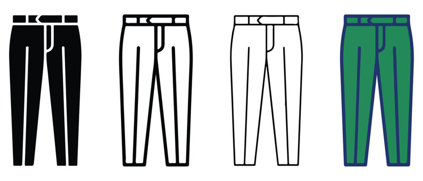 pairs of trousers in different colors and styles on white background  pants with belt loops and pockets