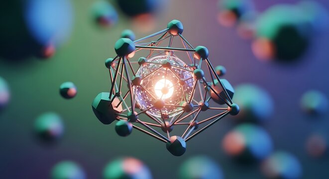 Atomic structure with glowing nucleus model.