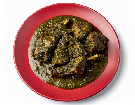 Koppal Mutton Banni Green Roast On Crimson Brick Red Plate Isolated On White Background