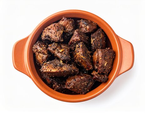 Kottayam Mutton Milagu Peratti Pepper Roast In Terracotta Bowl Isolated On White Background