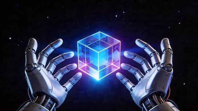 Robot hands holding glowing cube