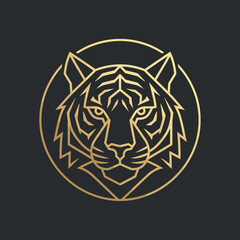 Obraz premium Golden linear tiger head logo in circular frame.