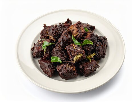Kottayam Mutton Ularthu Meat Fry On White Plate Isolated On White Background