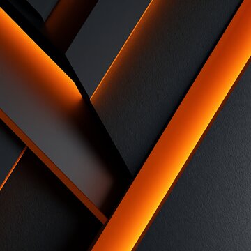 Abstract geometric dark mode orange glowing background. Futuristic design showcasing dark planes layered with glowing orange light and textured surfaces