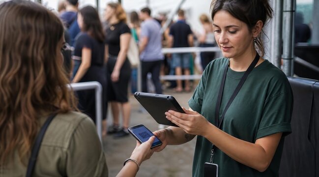 Event staff scanning digital ticket on tablet