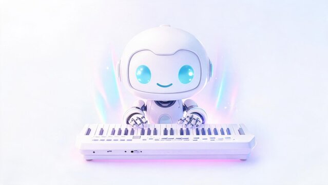 Robot playing keyboard with glowing eyes