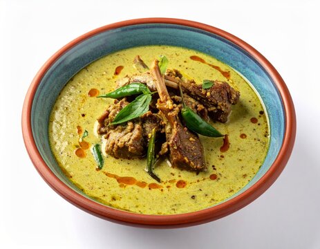 Kuttanadu Mutton Masala Green Coconut Curry In Copper Bowl Isolated On White Background