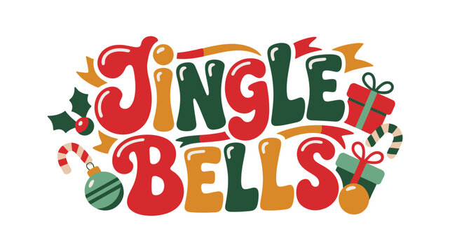 Jingle bells festive holiday typography with christmas gift boxes and holly leaves in a retro bubble font style for seasonal winter decor