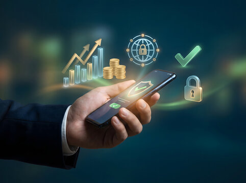 Businessman hand holding smartphone with virtual financial growth charts and secure online transaction icons